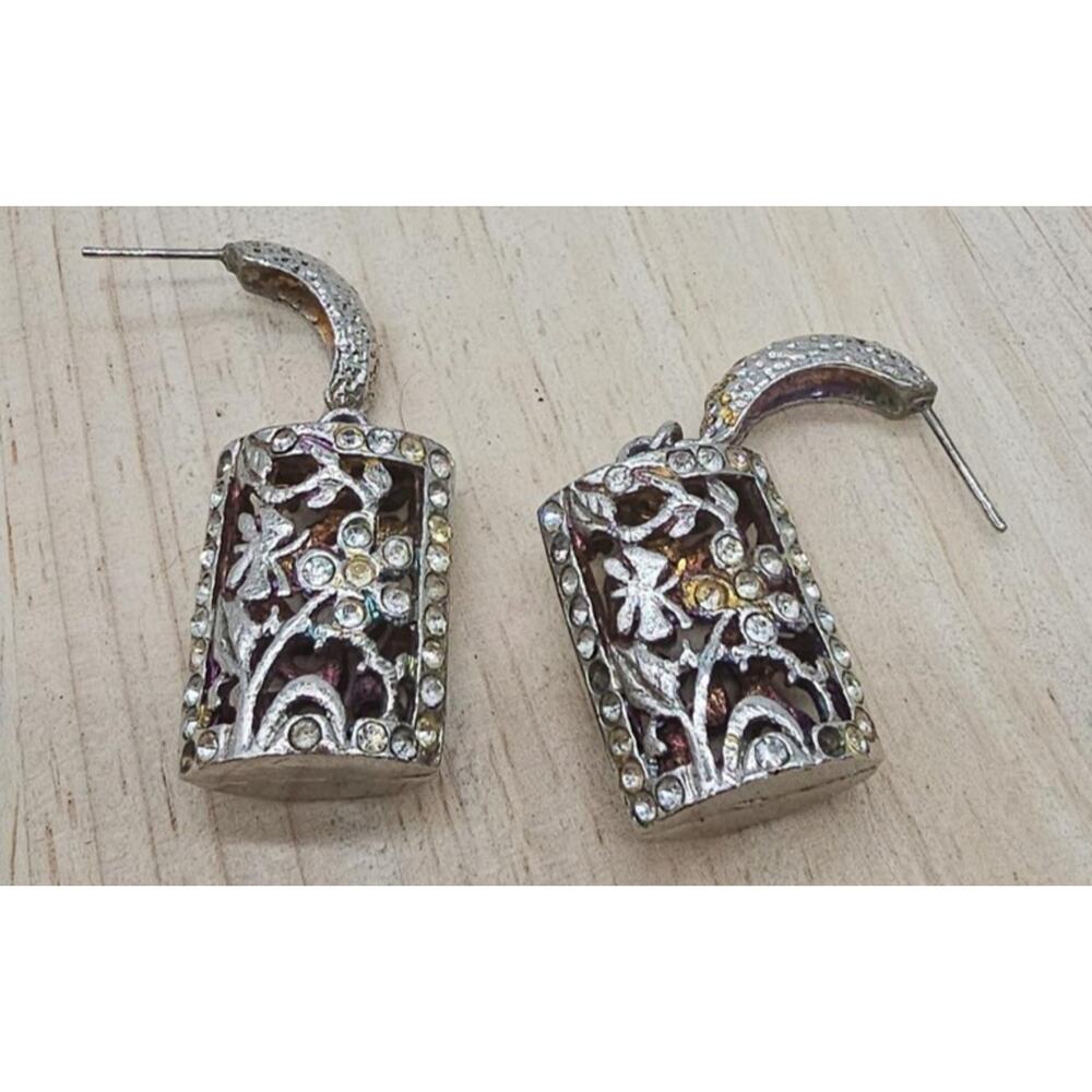 Silver Tone Rectangle Dangle Earrings Womens Rhinestone Floral Drop Jewelry‎